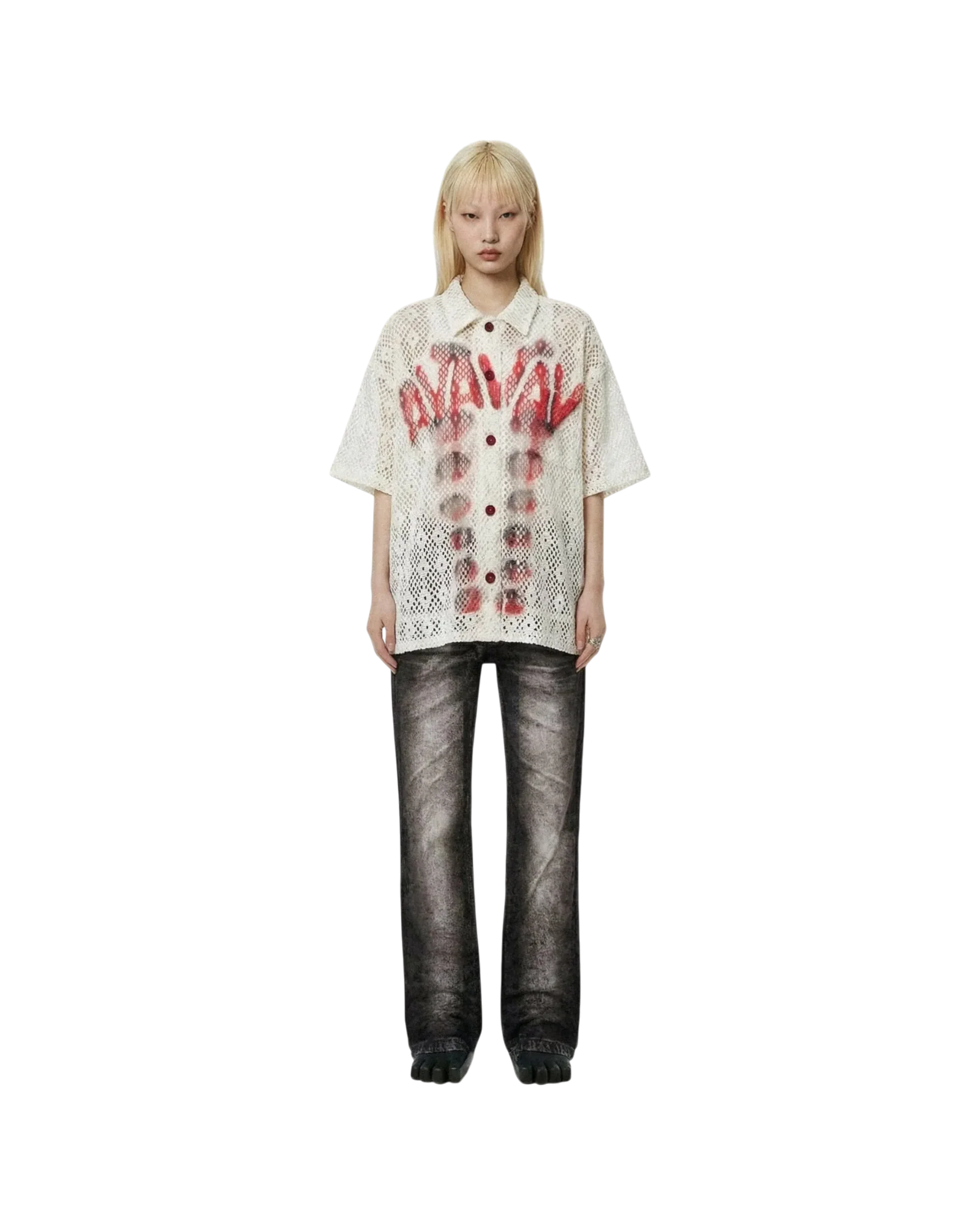 Avavav Short Sleeve Printed Crochet Shirt White - Image 3