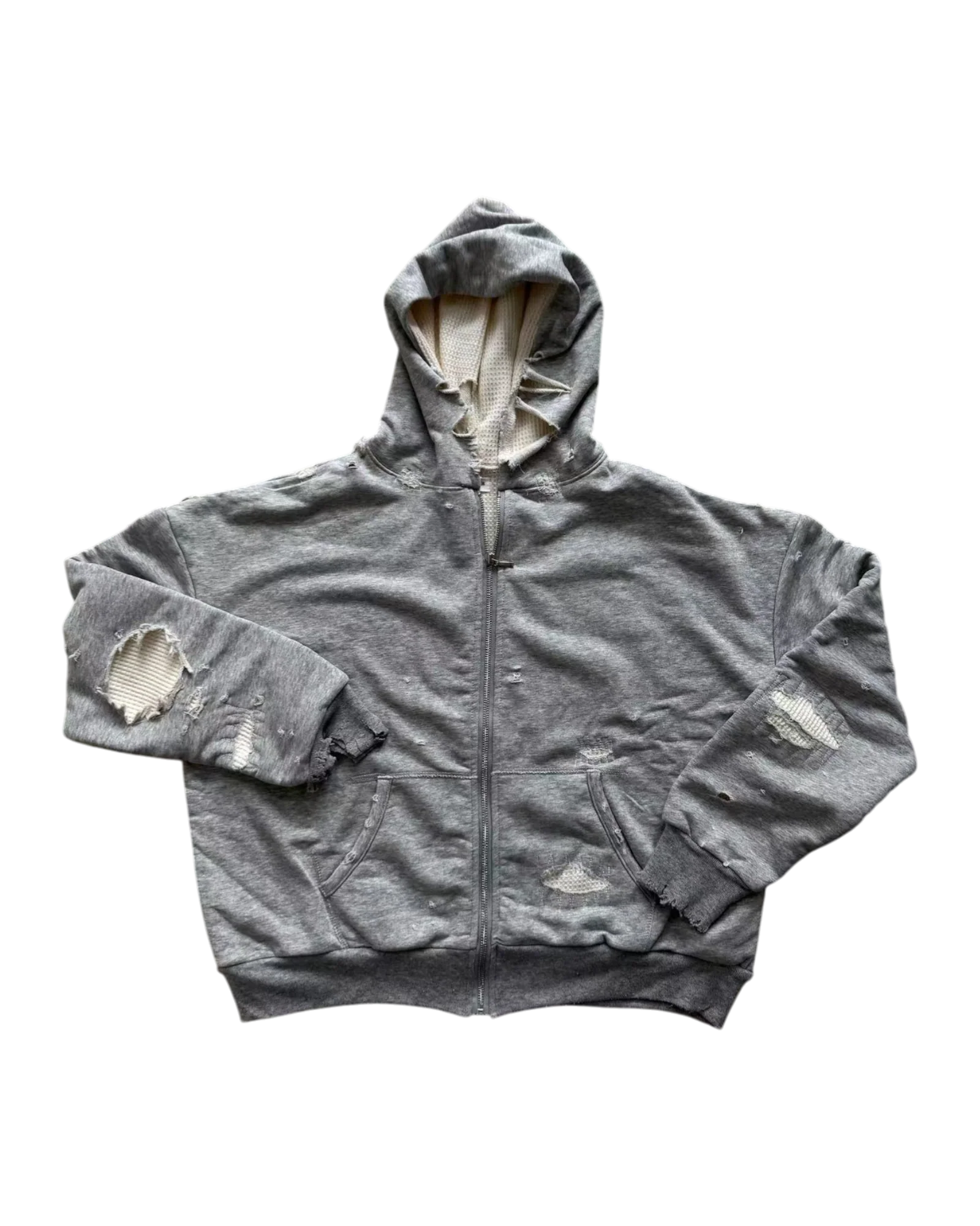 DRIFTA "Peer Mentor" Distressed Zip-up Hoodie Grey - Image 3