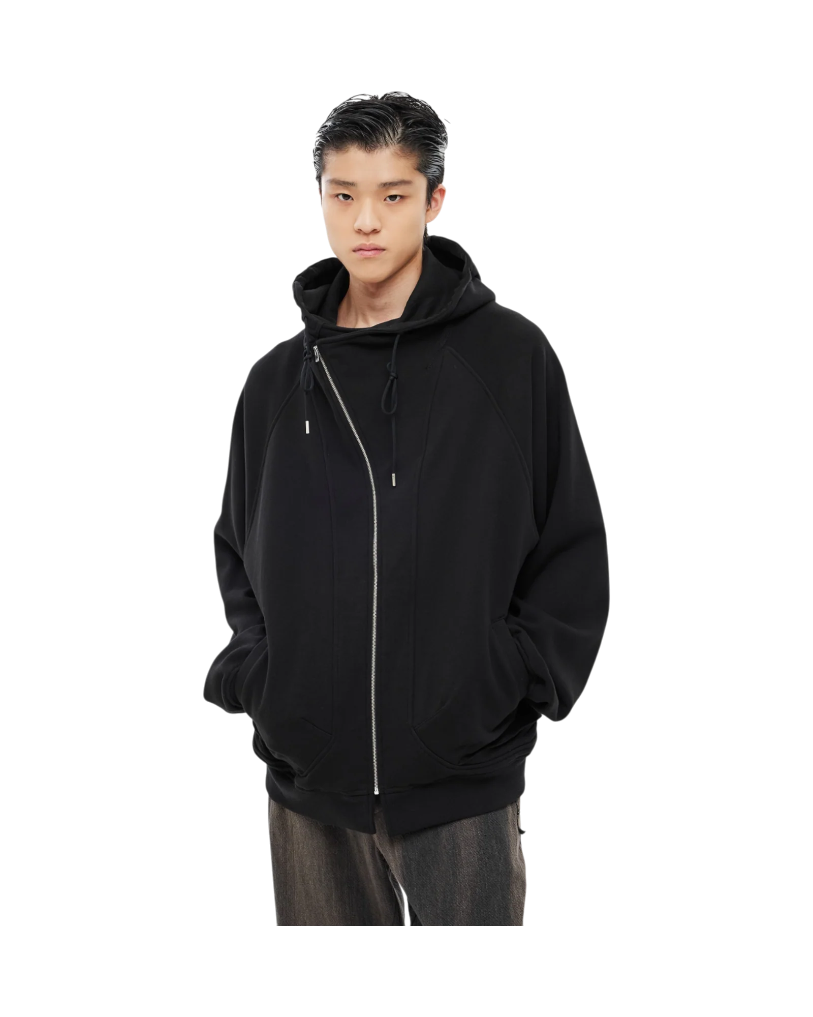 Jiyong Kim Asymmetric Zip-Up Hoodie Black - Image 4