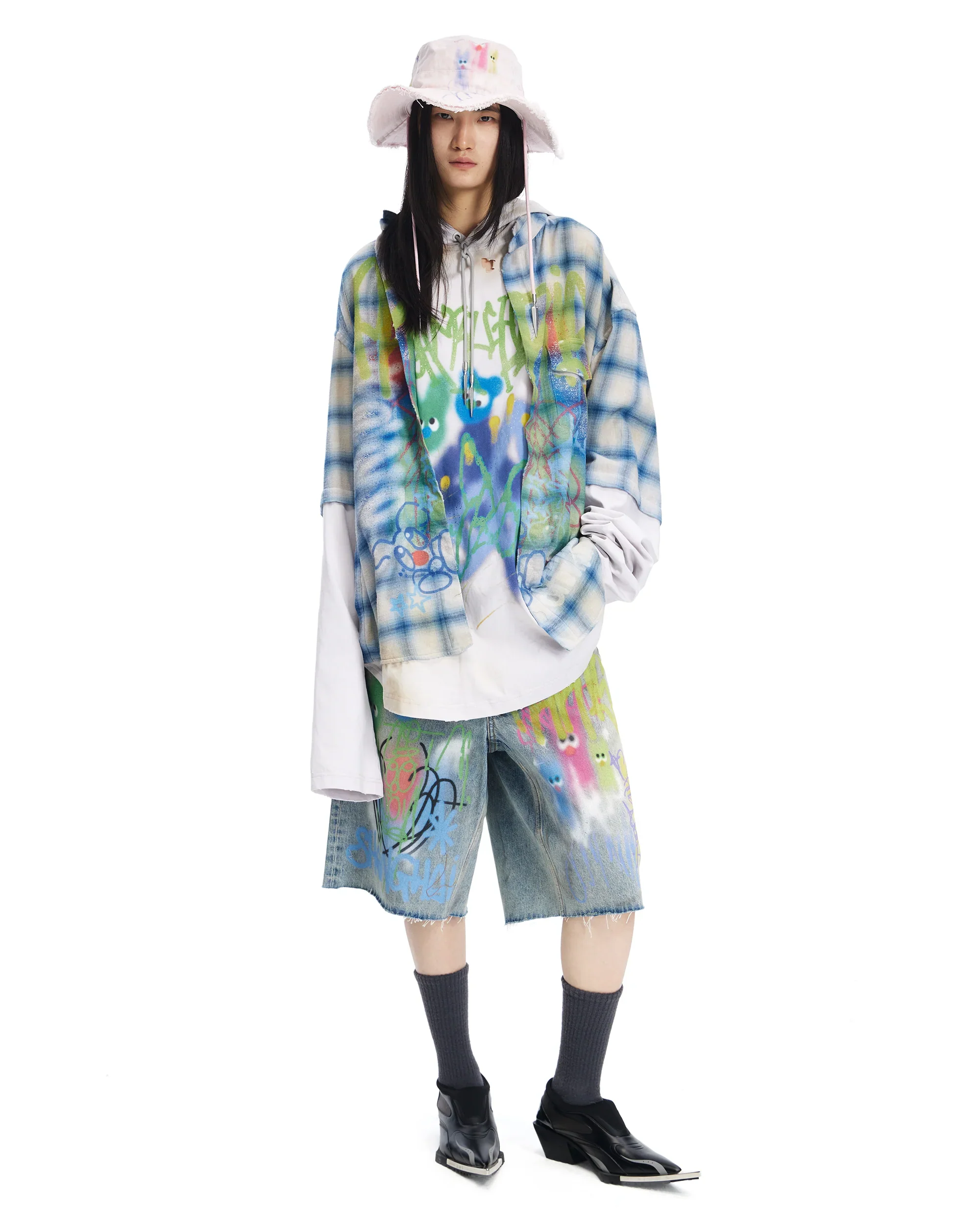 Sankuanz Bumpy Graffiti Print Layered Plaid Hooded Sweatshirt Navy - Image 4