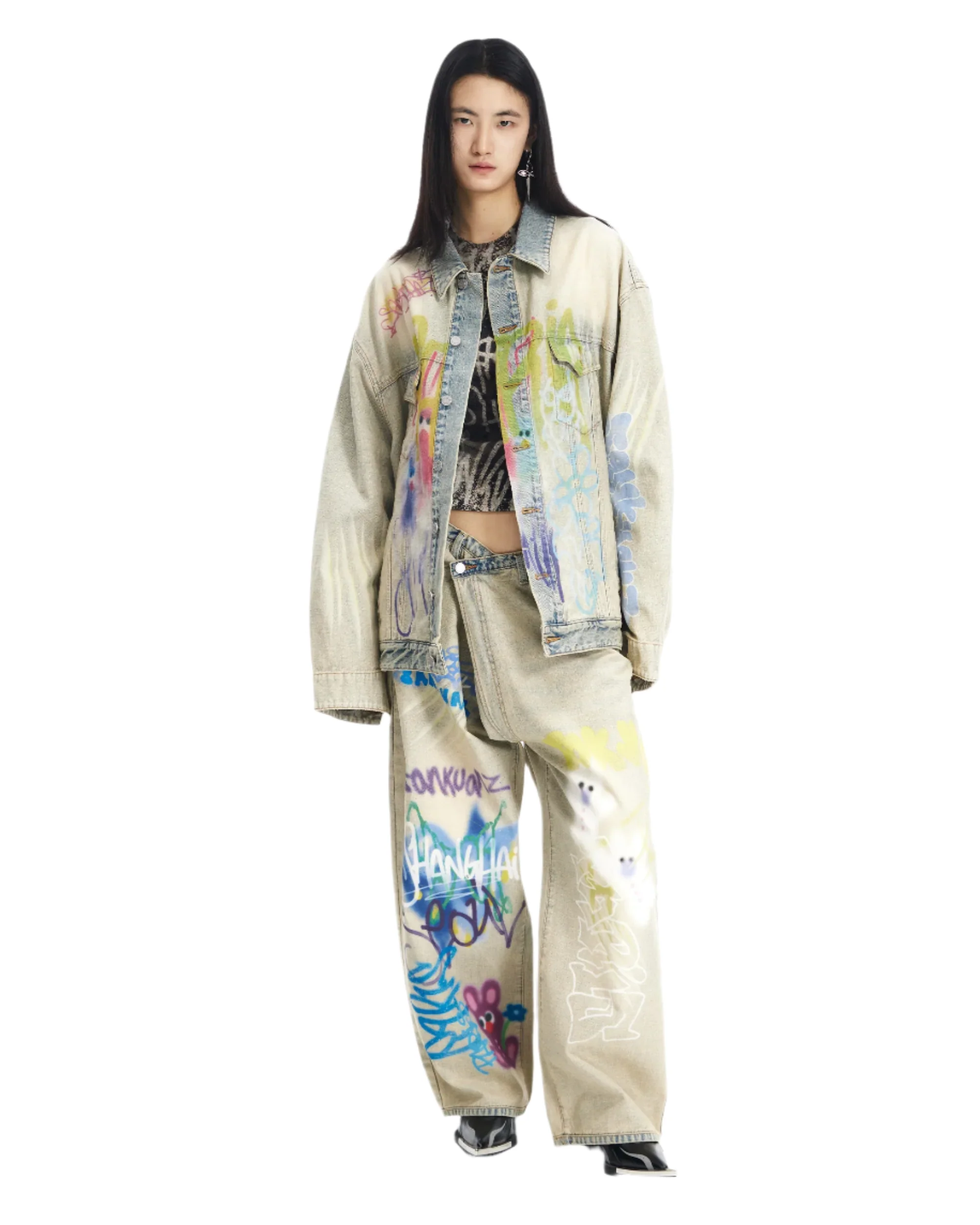 Sankuanz Bumpy Graffiti Print Oversized Denim Jacket Indigo - Image 4