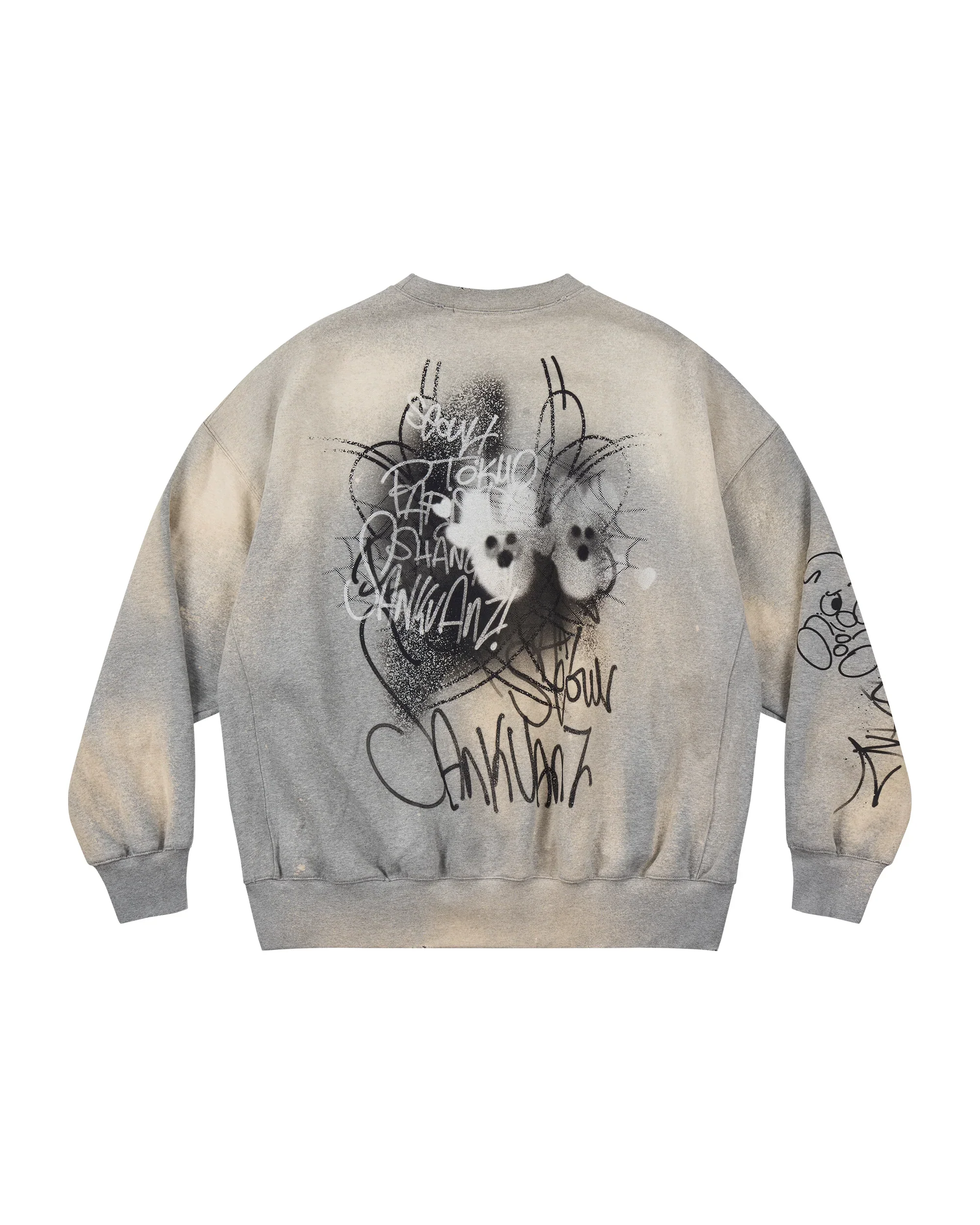 Sankuanz Bumpy Graffiti Print Bleached Crewneck Grey - Image 3