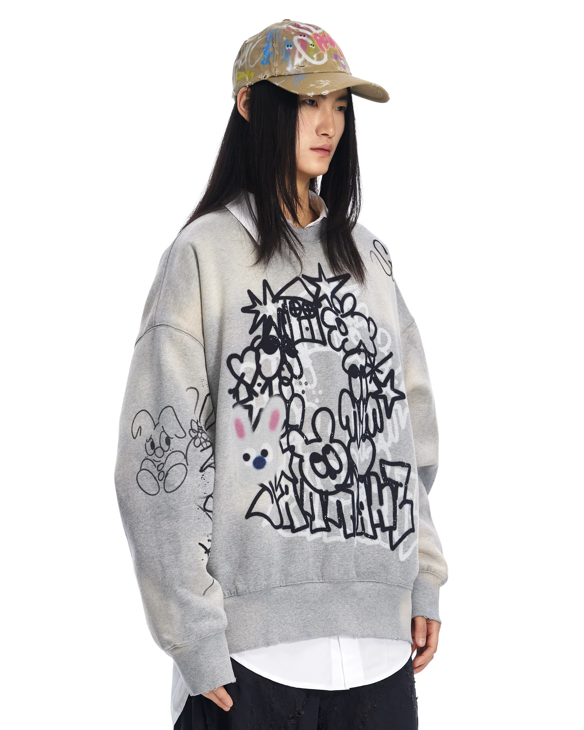 Sankuanz Bumpy Graffiti Print Bleached Crewneck Grey - Image 4