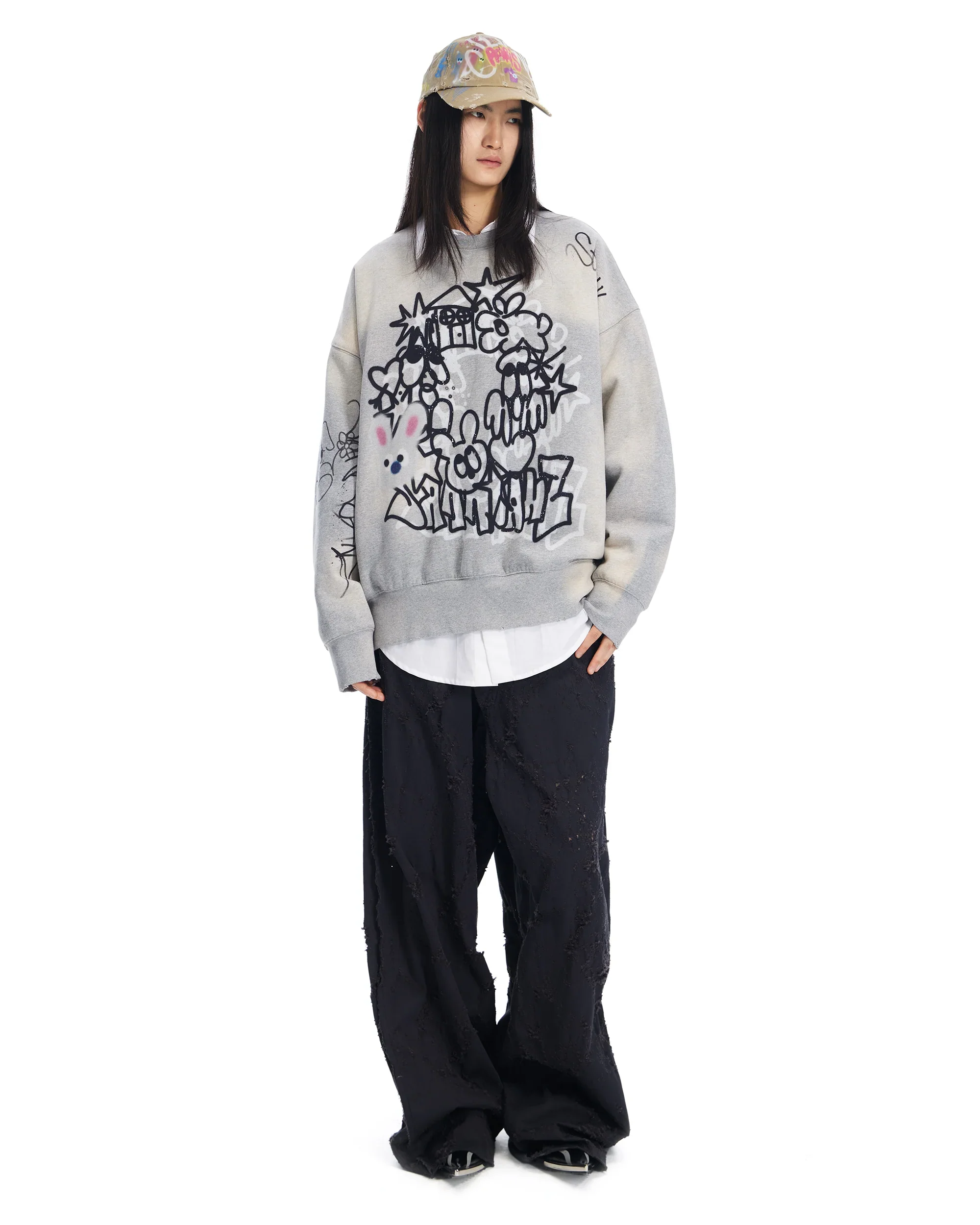 Sankuanz Bumpy Graffiti Print Bleached Crewneck Grey - Image 5