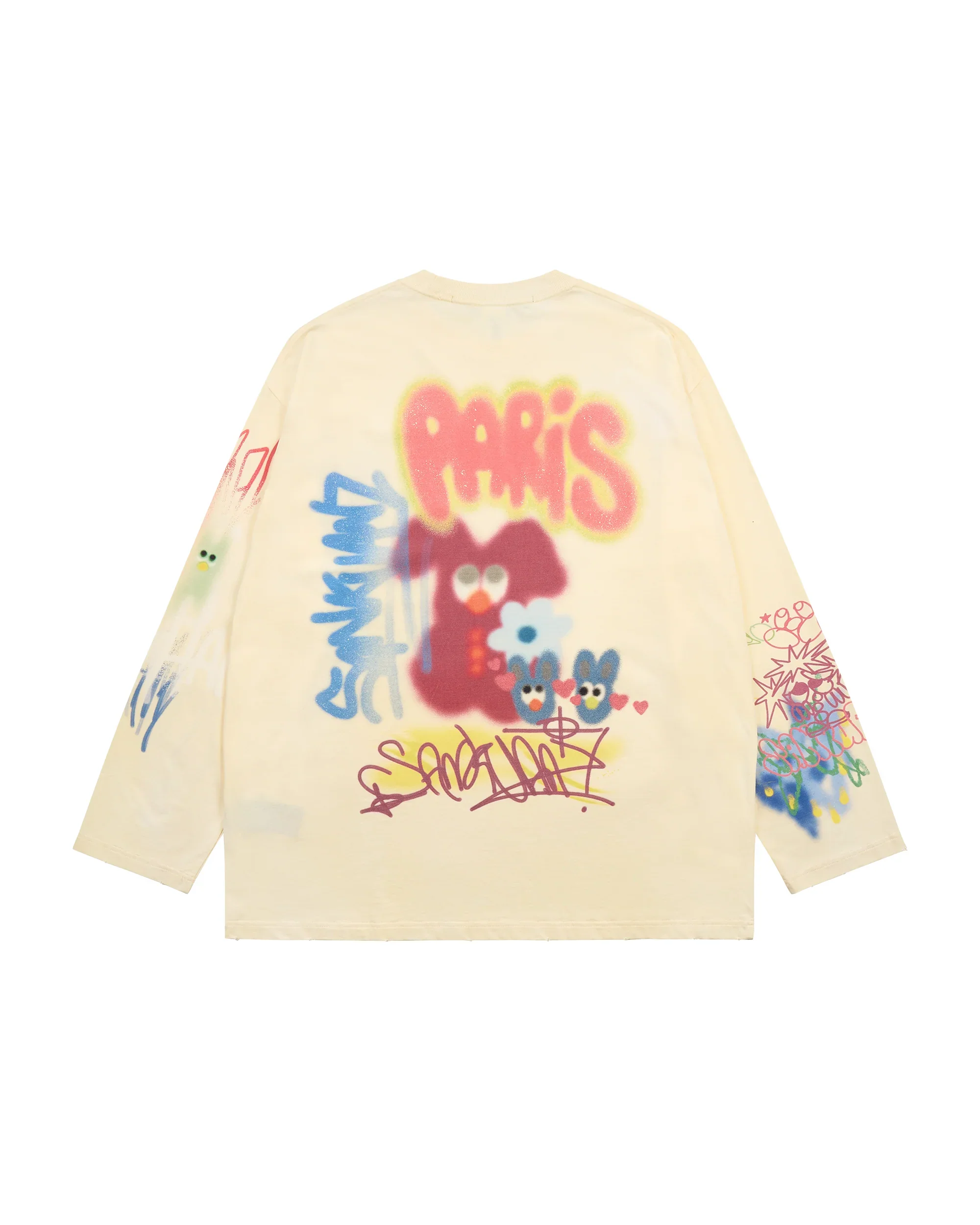 Sankuanz Bumpy Graffiti Print Bleached Relaxed Long Sleeve T-Shirt Yellow - Image 3