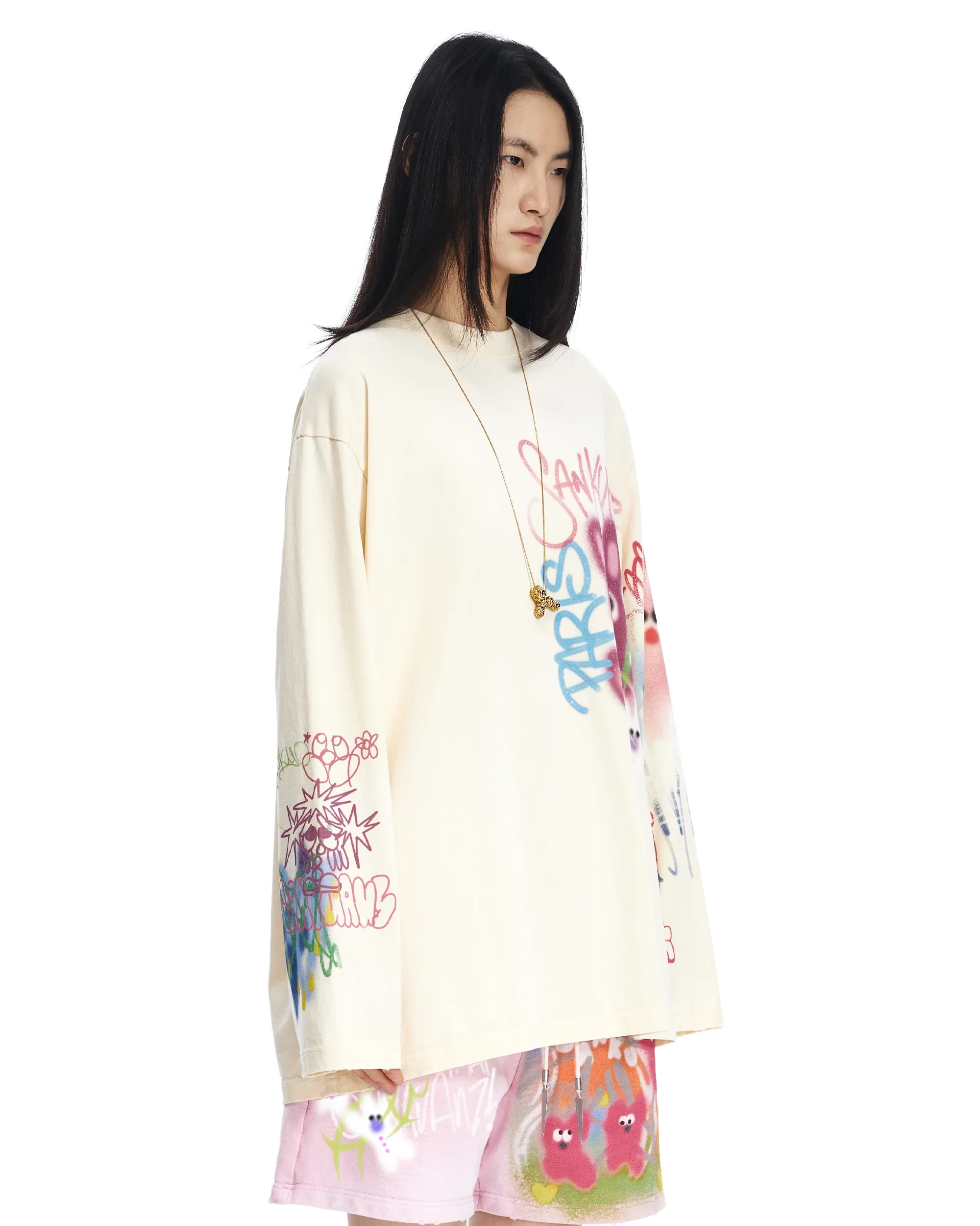 Sankuanz Bumpy Graffiti Print Bleached Relaxed Long Sleeve T-Shirt Yellow - Image 4