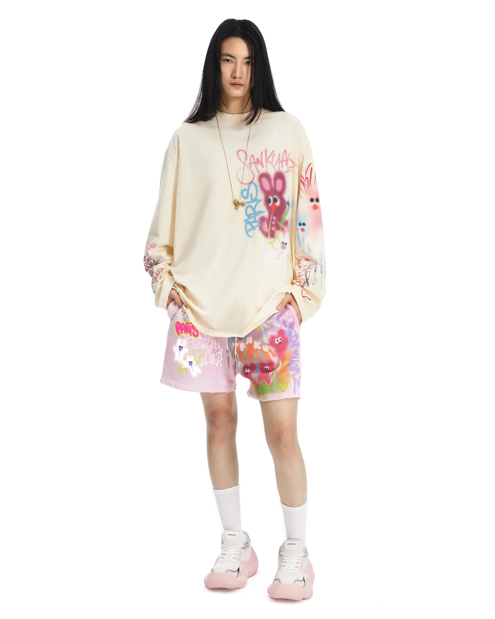 Sankuanz Bumpy Graffiti Print Bleached Relaxed Long Sleeve T-Shirt Yellow - Image 5