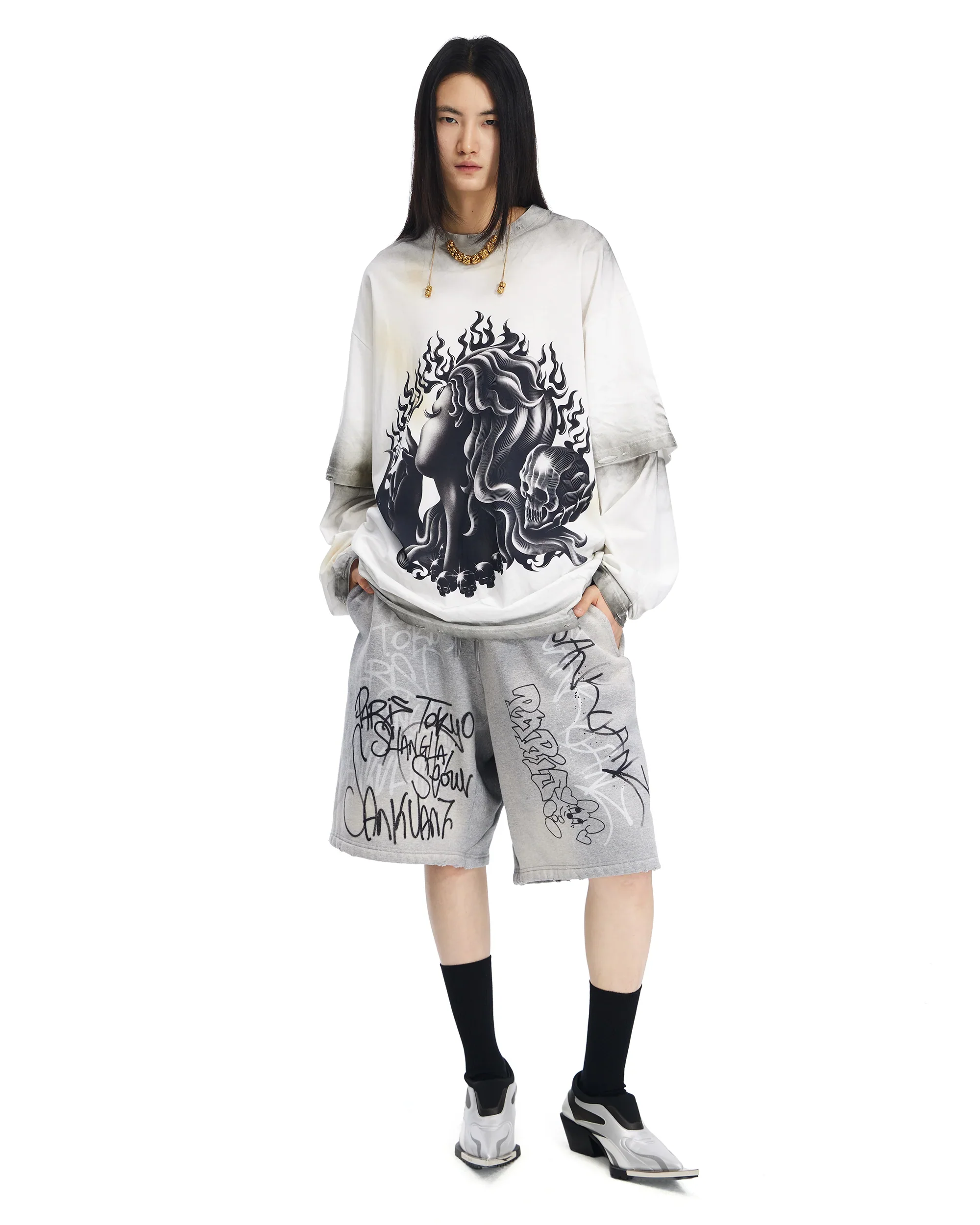 Sankuanz Bumpy Grafiti Print Relaxed Shorts Grey - Image 5