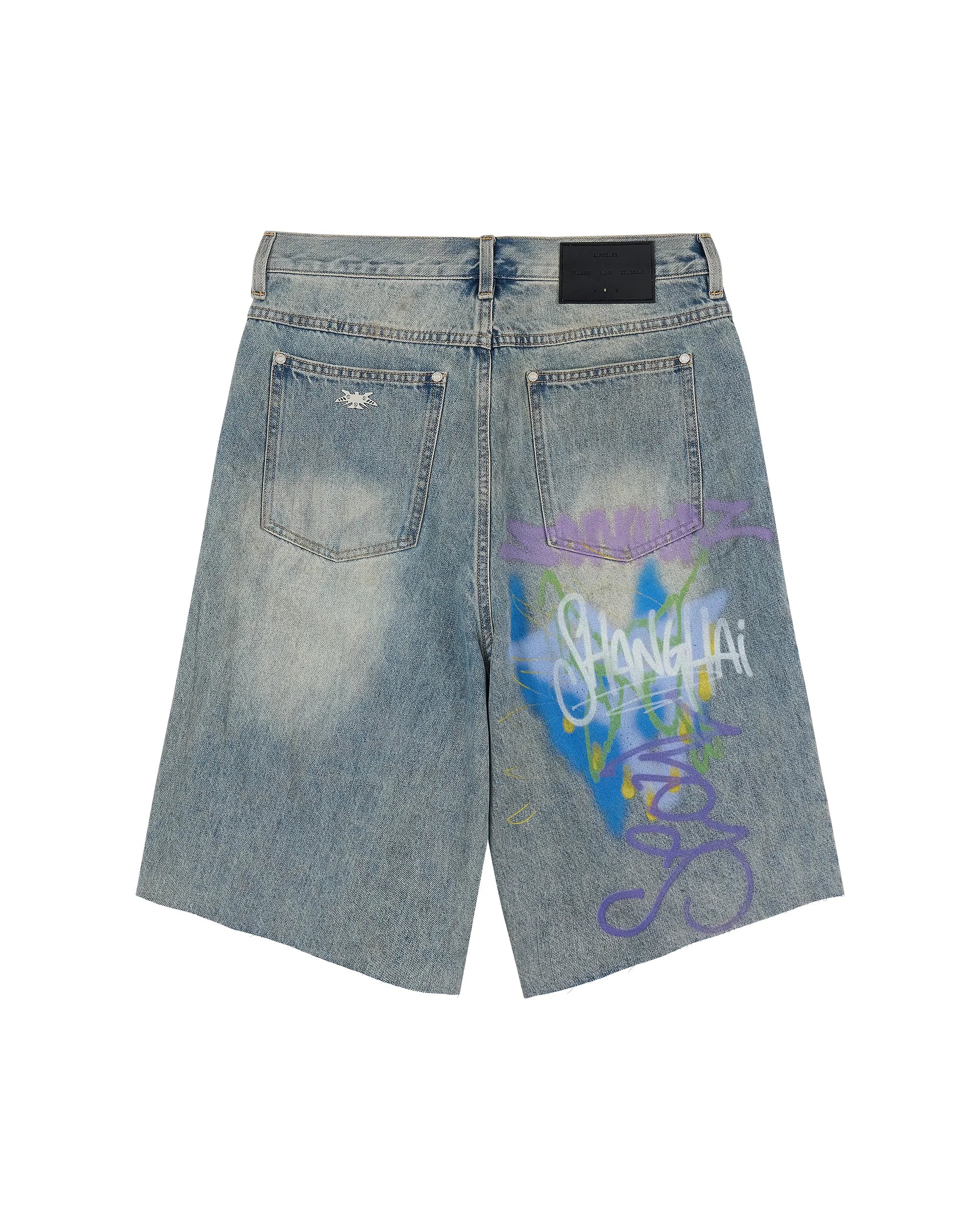 Sankuanz Bumpy Graffiti Print Washed Denim Shorts Navy - Image 3