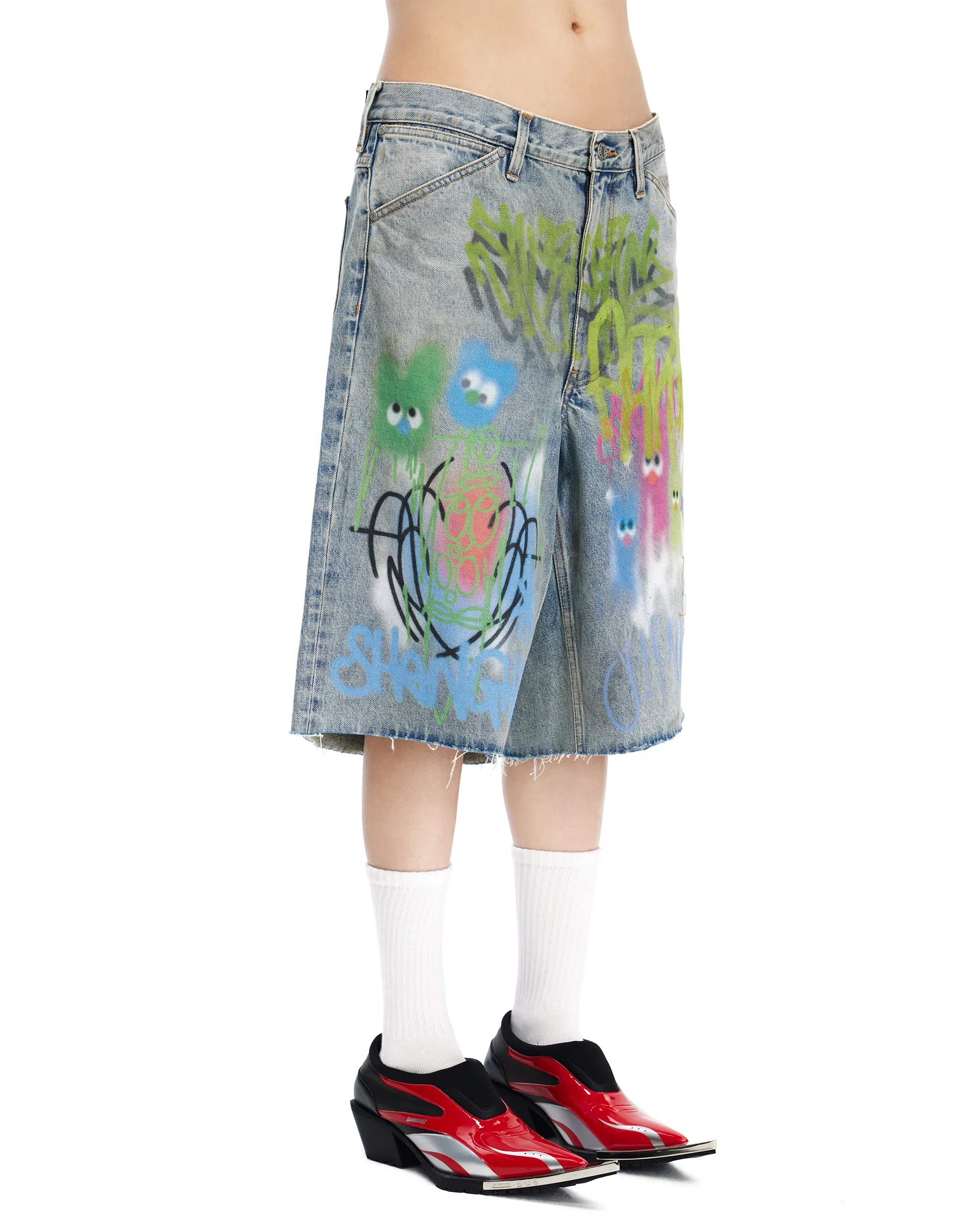 Sankuanz Bumpy Graffiti Print Washed Denim Shorts Navy - Image 4